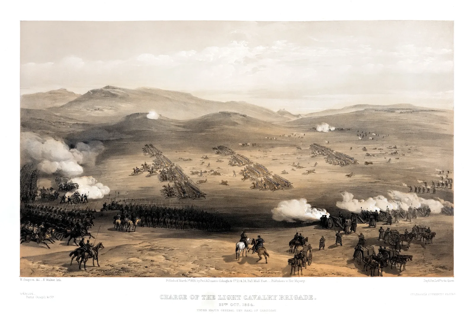 Lithographie de William Simpson représentant la charge de la brigade légère à Balaklava, le 25 octobre 1854